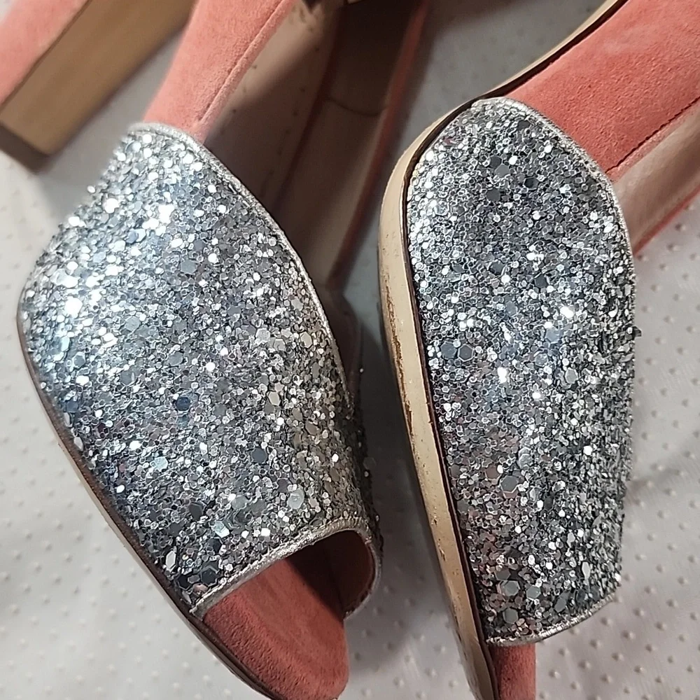 Miu Miu Silver Coral Coarse Glittery and Suede Peep Toe Pumps Heels. 37 - Picture 13 of 13